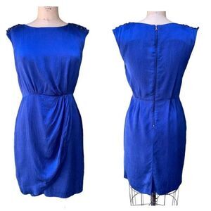 Cynthia Steffe Silk Faux Wrap Sheath Dress 12 Royal Blue Corset Sleeve Textured